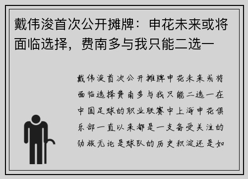 戴伟浚首次公开摊牌：申花未来或将面临选择，费南多与我只能二选一