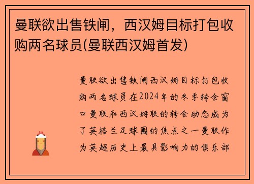 曼联欲出售铁闸，西汉姆目标打包收购两名球员(曼联西汉姆首发)